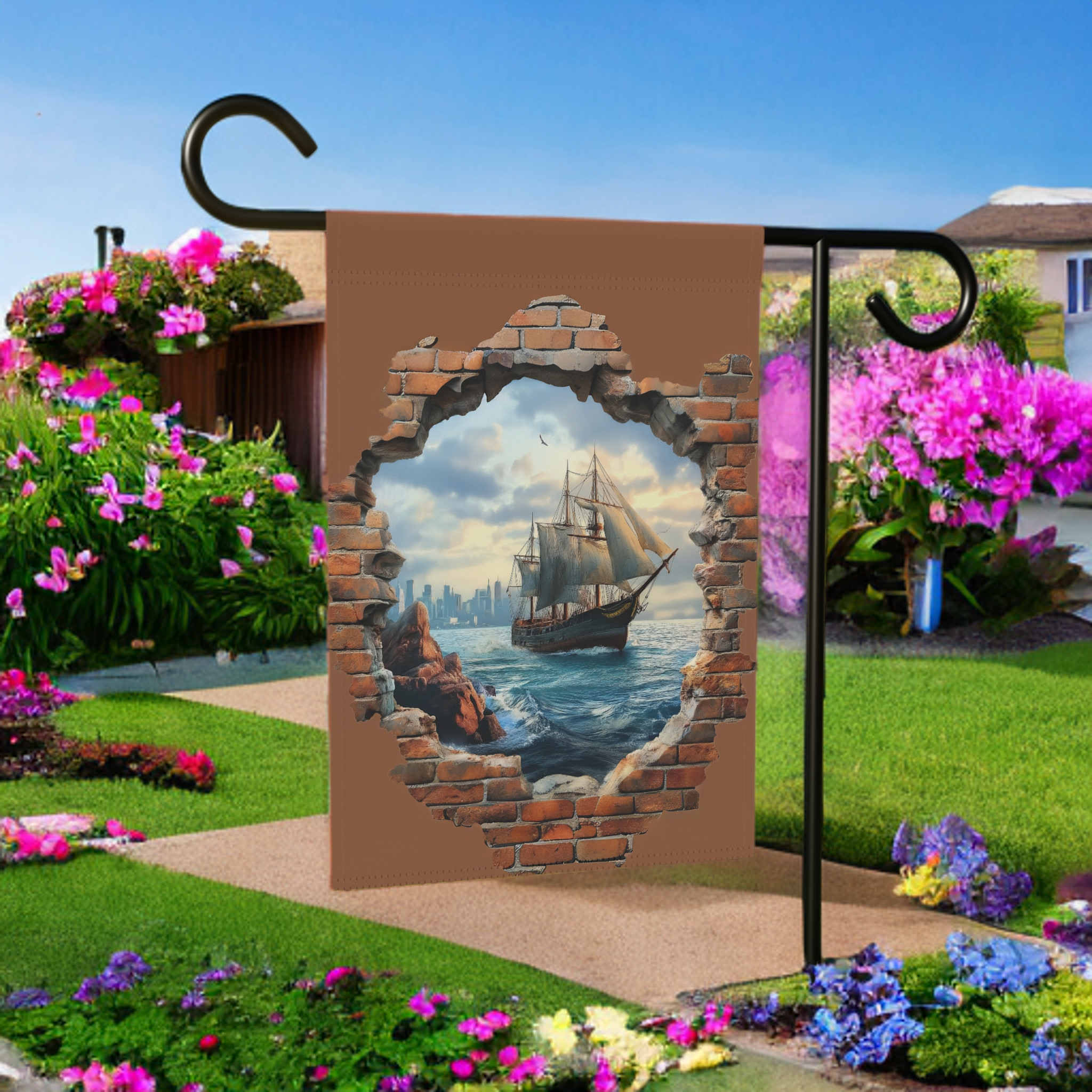 Ship in the Sea Garden Flag - lifestyle display - Dragonfire Gardens