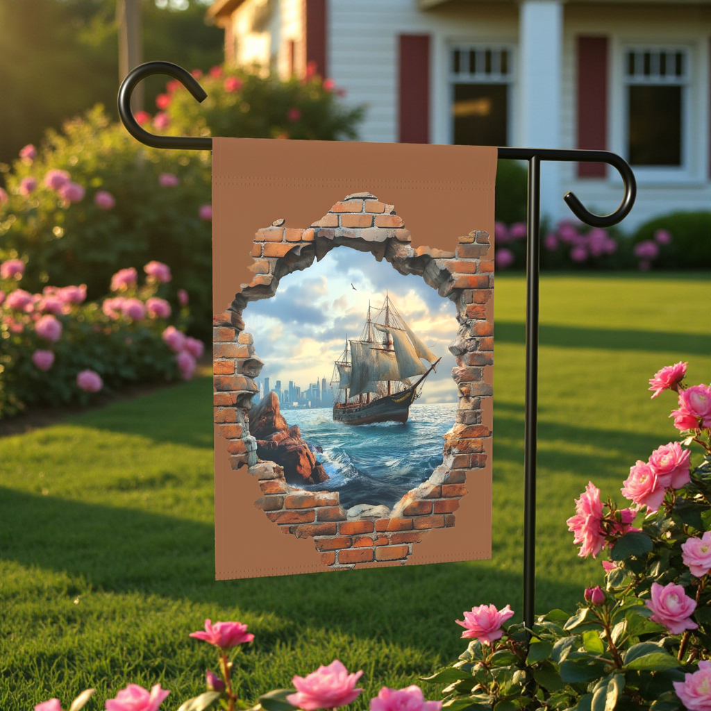 Ship in the Sea Garden Flag - front view - Dragonfire Gardens