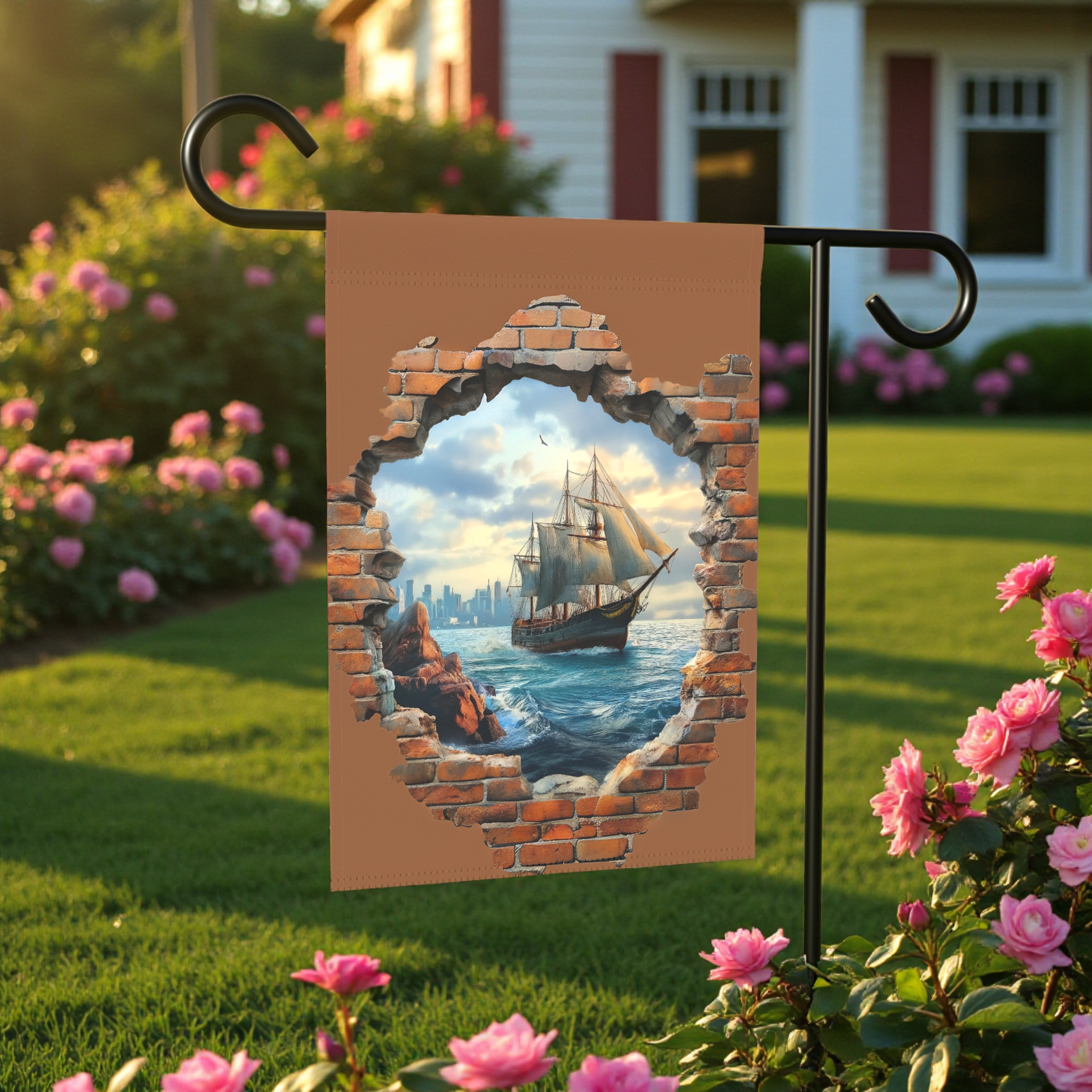 Ship in the Sea Garden Flag - front view - Dragonfire Gardens