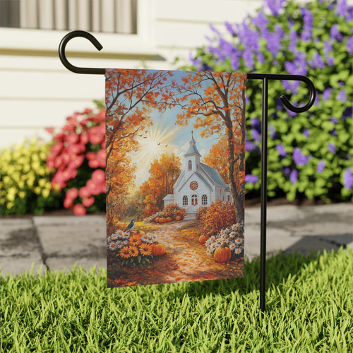 Autumn White Church Garden Flag - outdoor display - Dragonfire Gardens