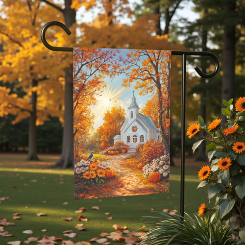 Autumn White Church Garden Flag - front view - Dragonfire Gardens
