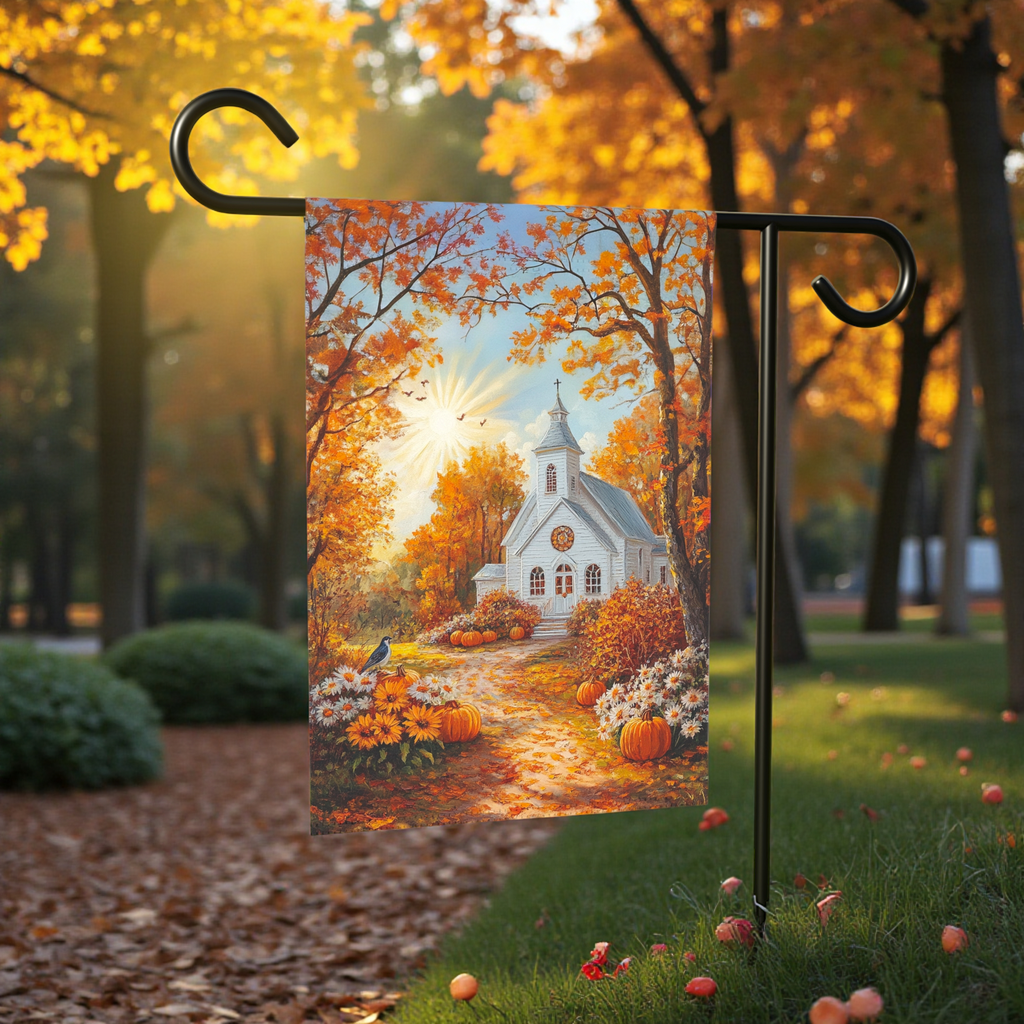 Autumn White Church Garden Flag - size comparison - Dragonfire Gardens