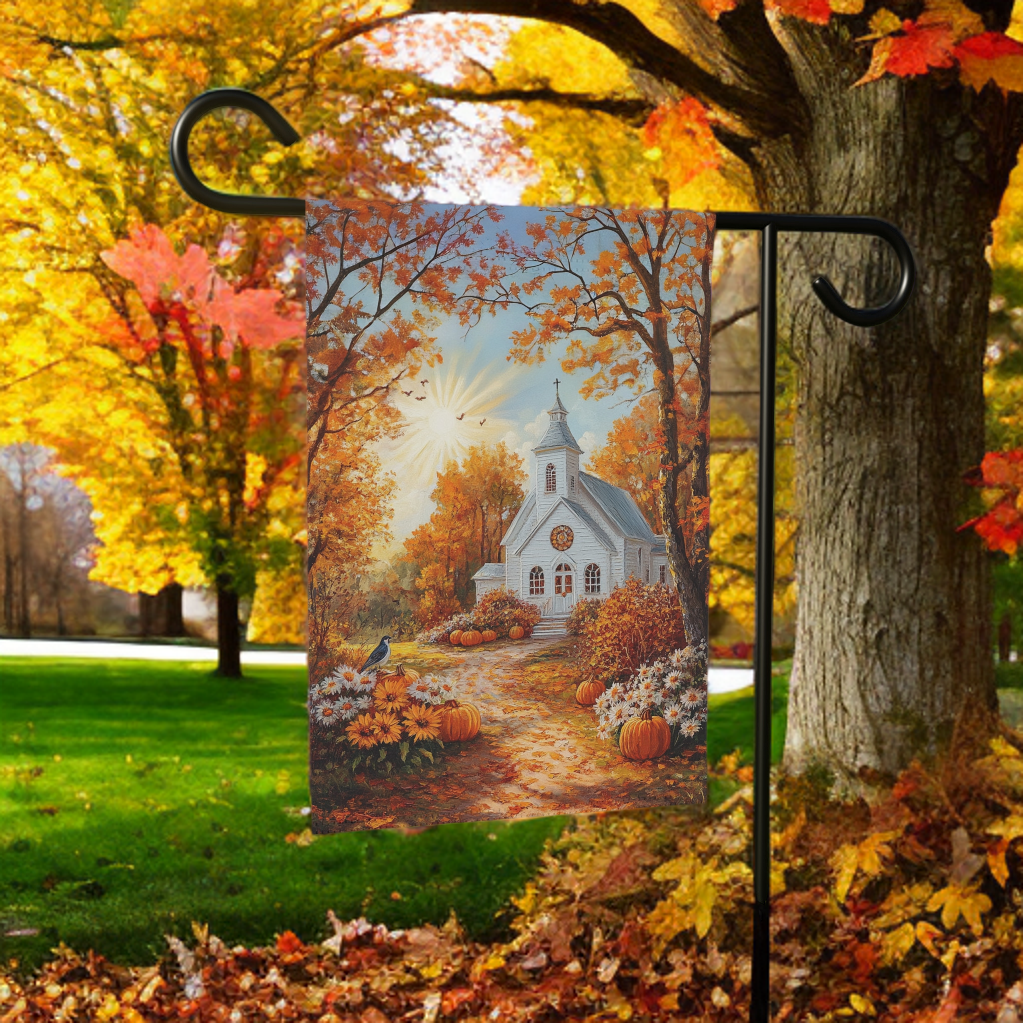 Autumn White Church Garden Flag - lifestyle display - Dragonfire Gardens