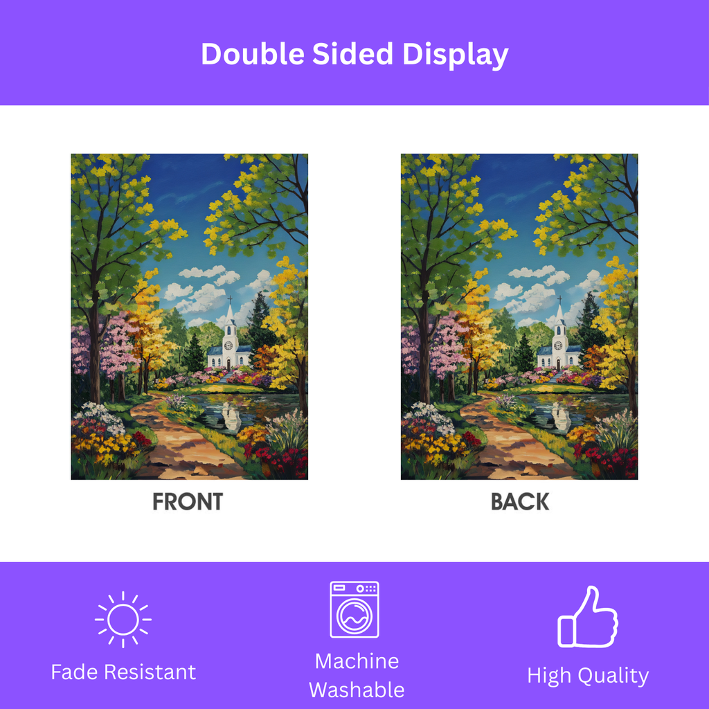 Bright Flower and White Church Garden Flag - double-sided design - Dragonfire Gardens