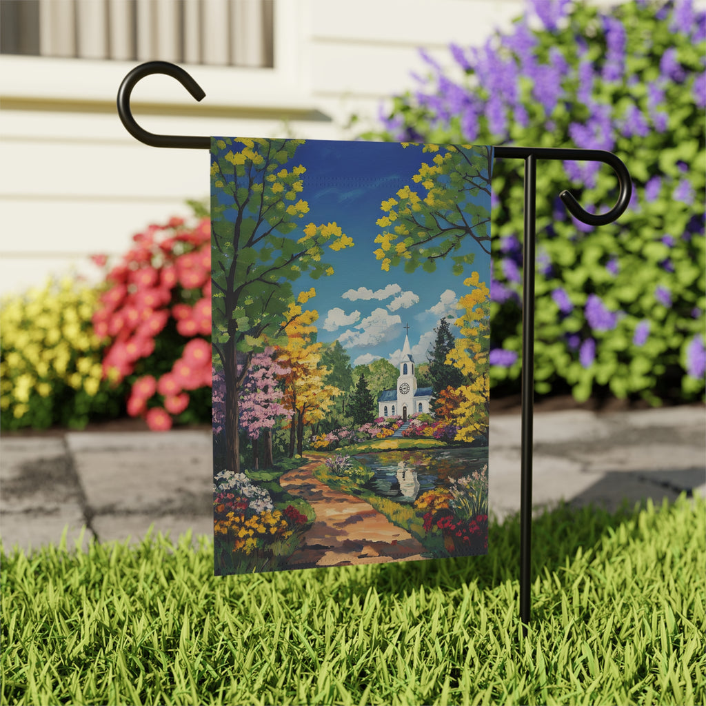 Bright Flower and White Church Garden Flag - outdoor display - Dragonfire Gardens