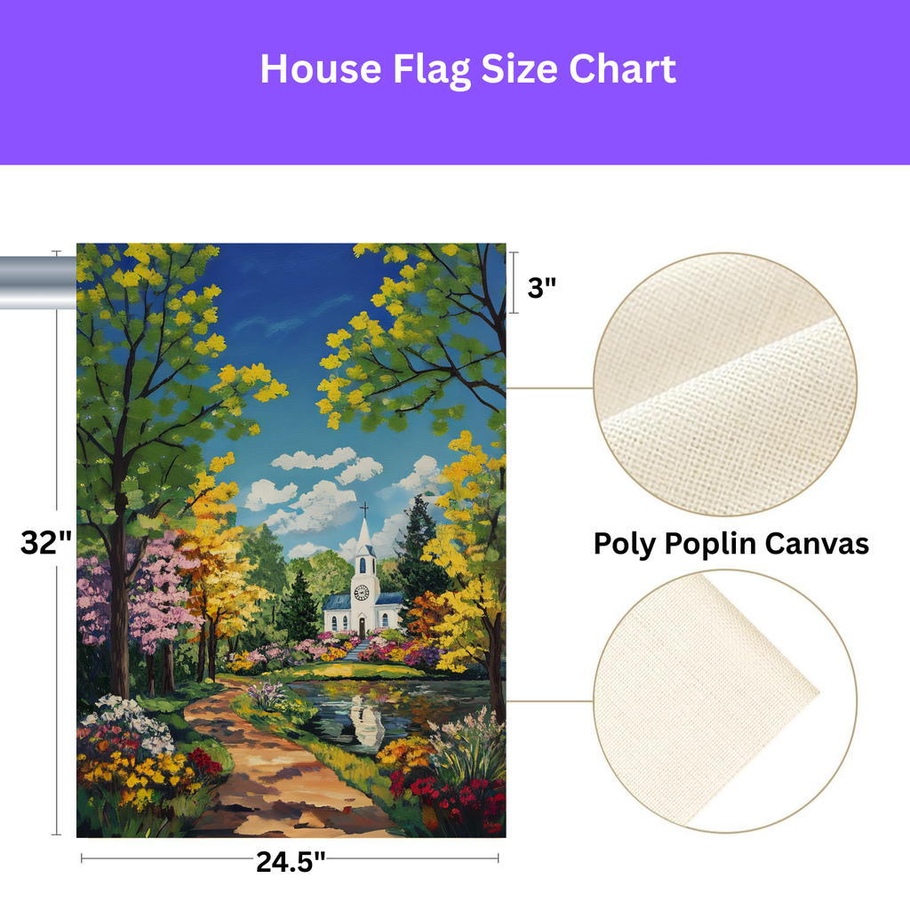 Bright Flower and White Church Garden Flag - porch decor - Dragonfire Gardens