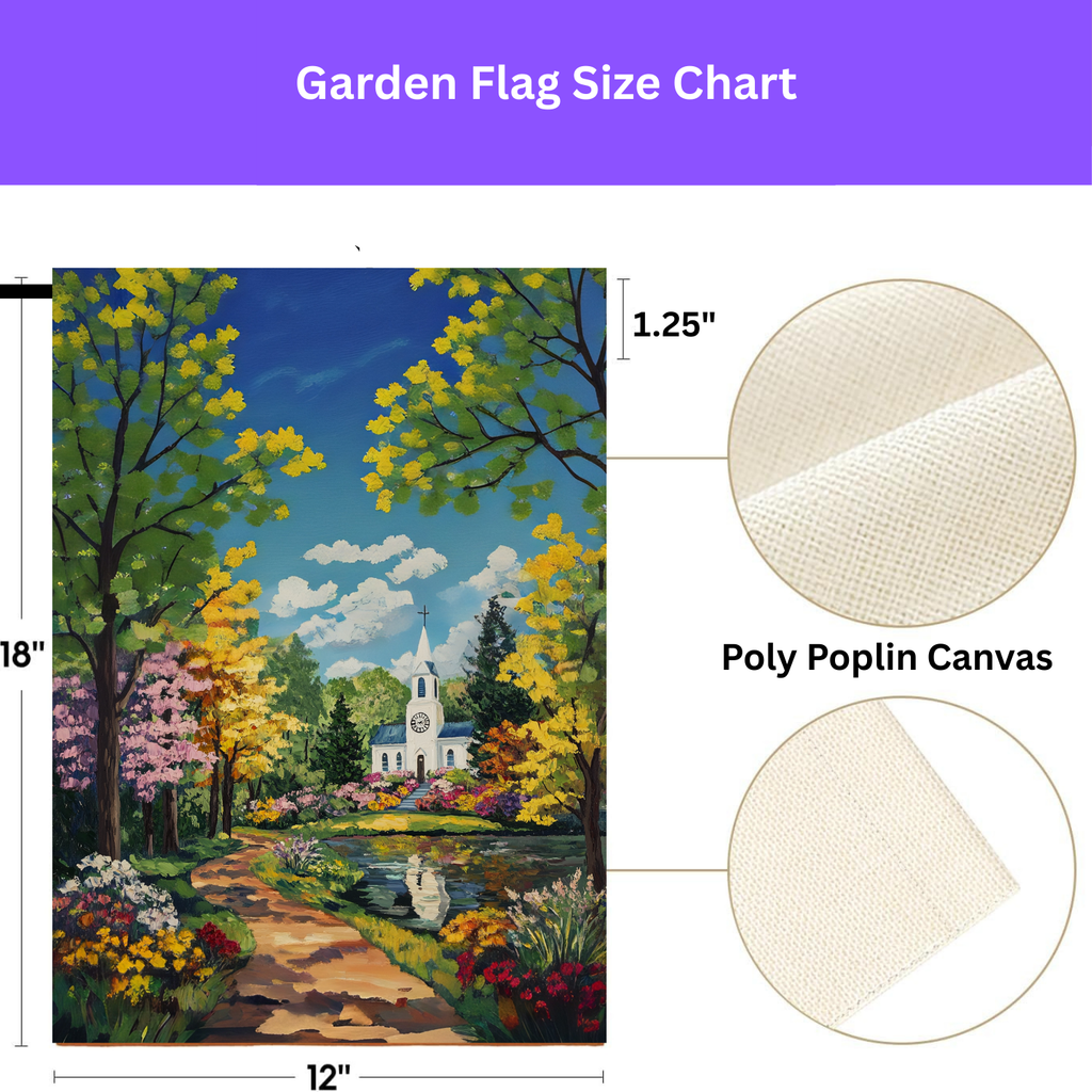 Bright Flower and White Church Garden Flag - yard display - Dragonfire Gardens
