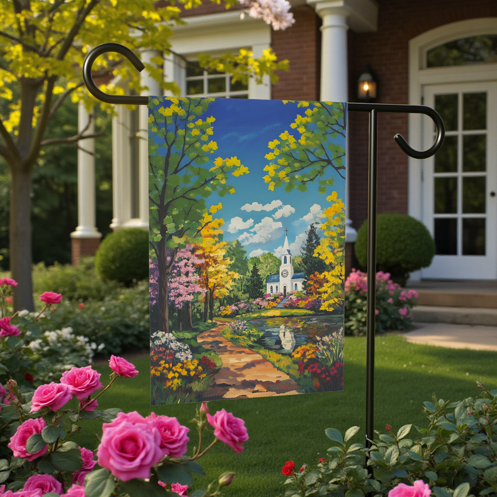 Bright Flower and White Church Garden Flag - front view - Dragonfire Gardens