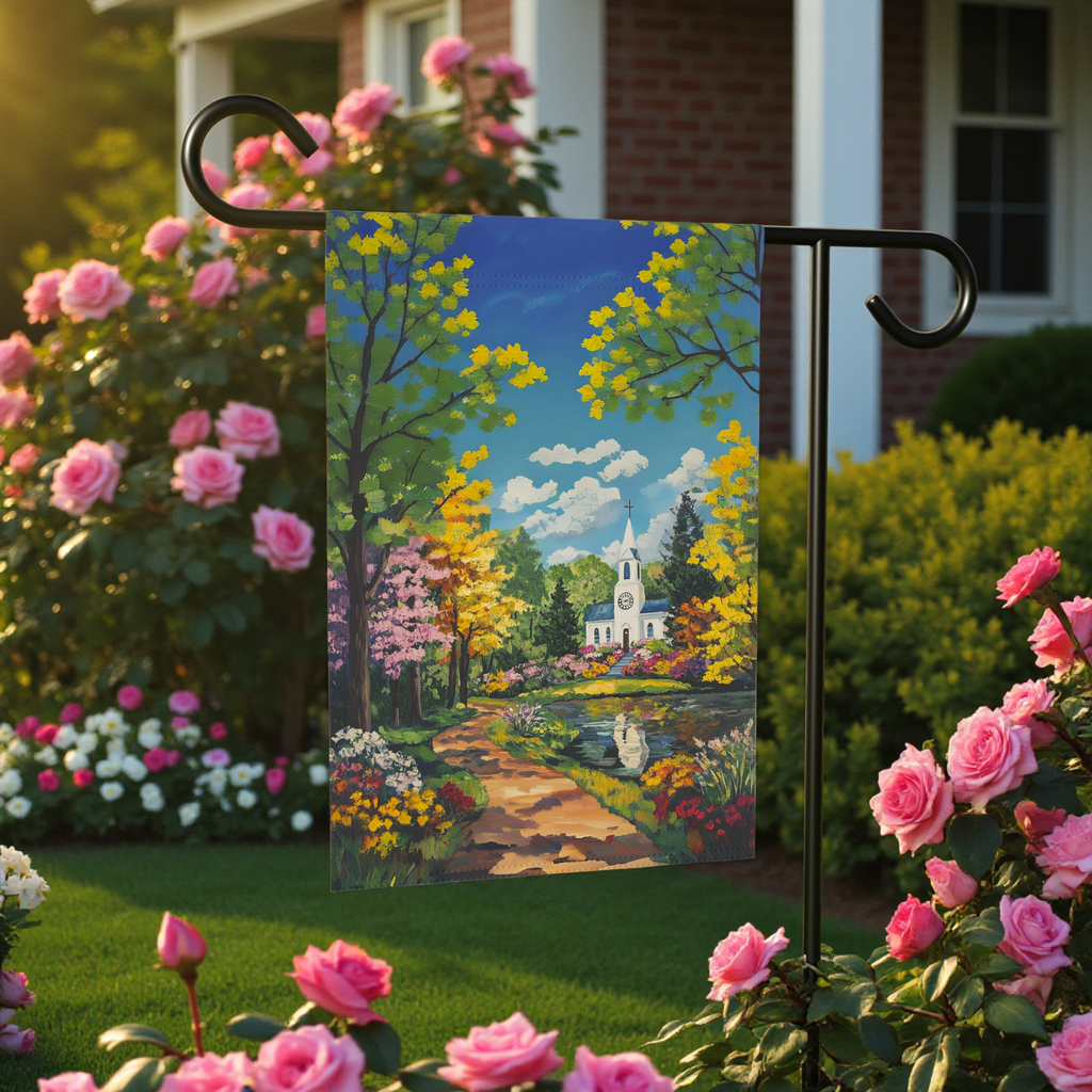 Bright Flower and White Church Garden Flag - size comparison - Dragonfire Gardens