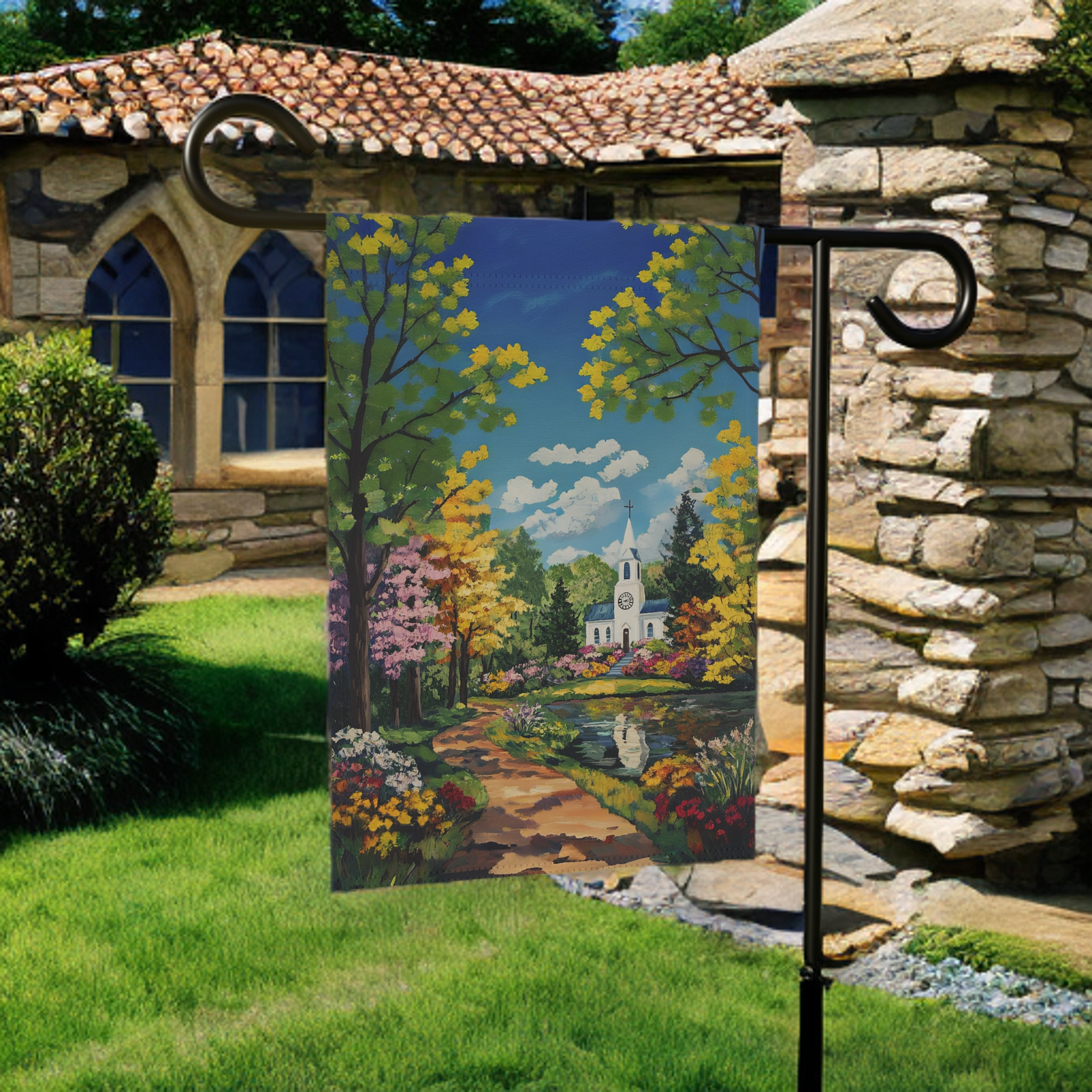 Bright Flower and White Church Garden Flag - lifestyle display - Dragonfire Gardens