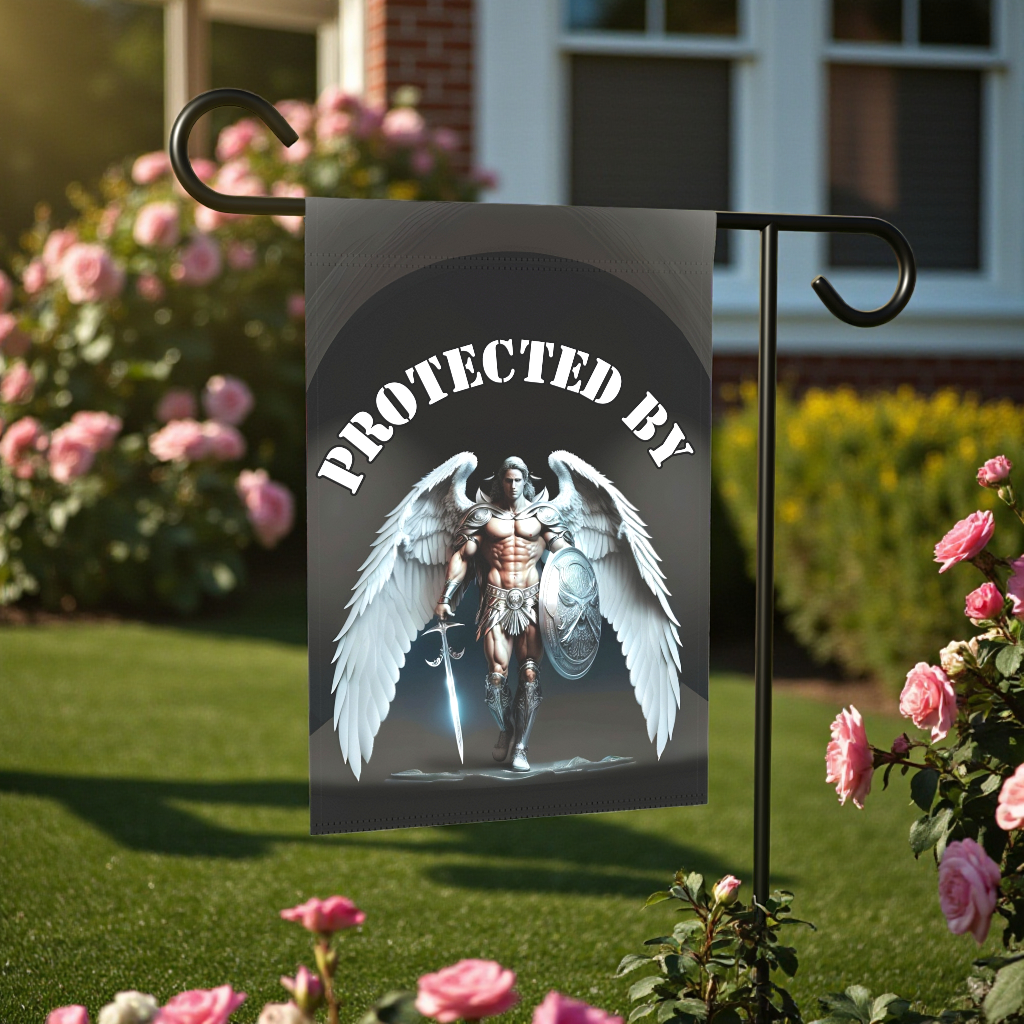 Protected By Guardian Angel Garden Flag - front view - Dragonfire Gardens