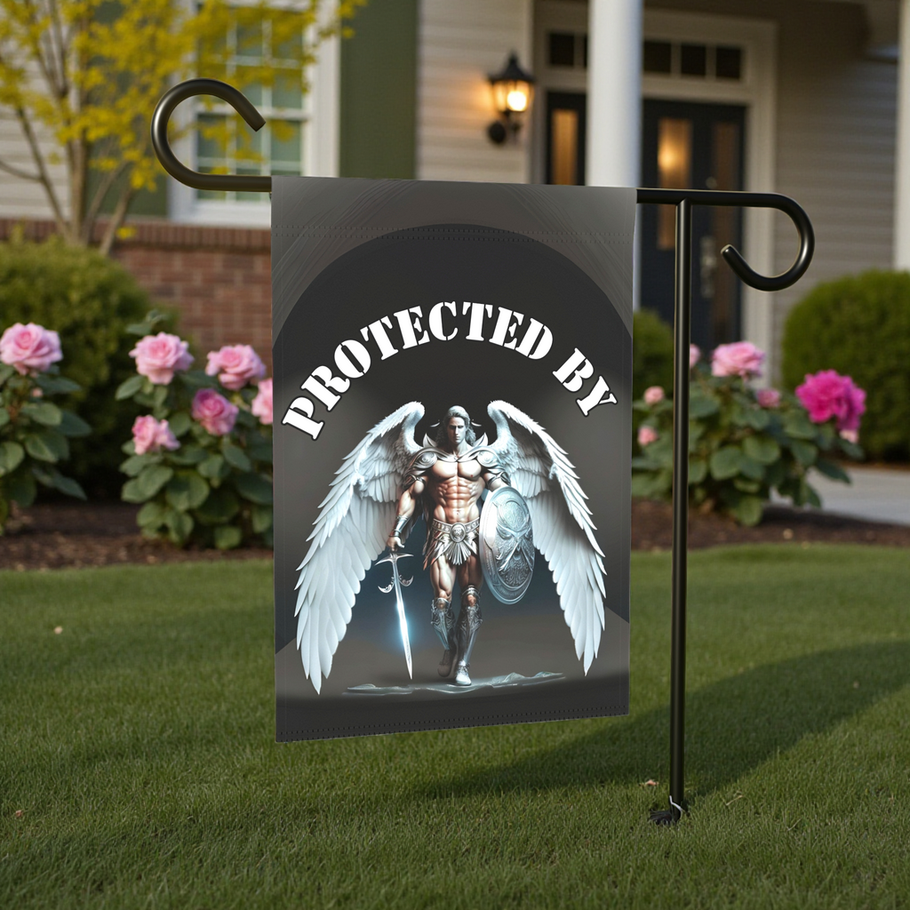 Protected By Guardian Angel Garden Flag - lifestyle display - Dragonfire Gardens