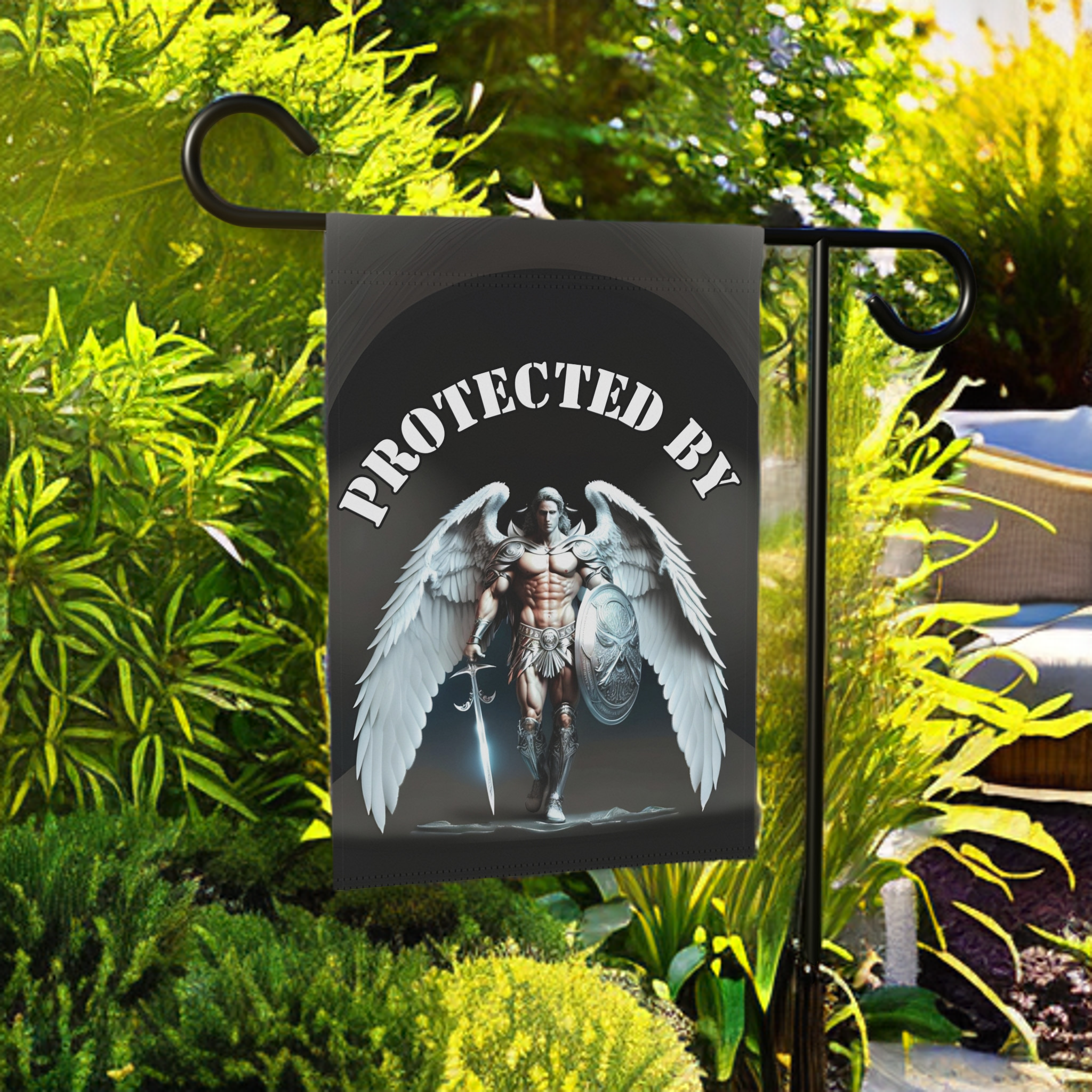 Protected By Guardian Angel Garden Flag - size comparison - Dragonfire Gardens