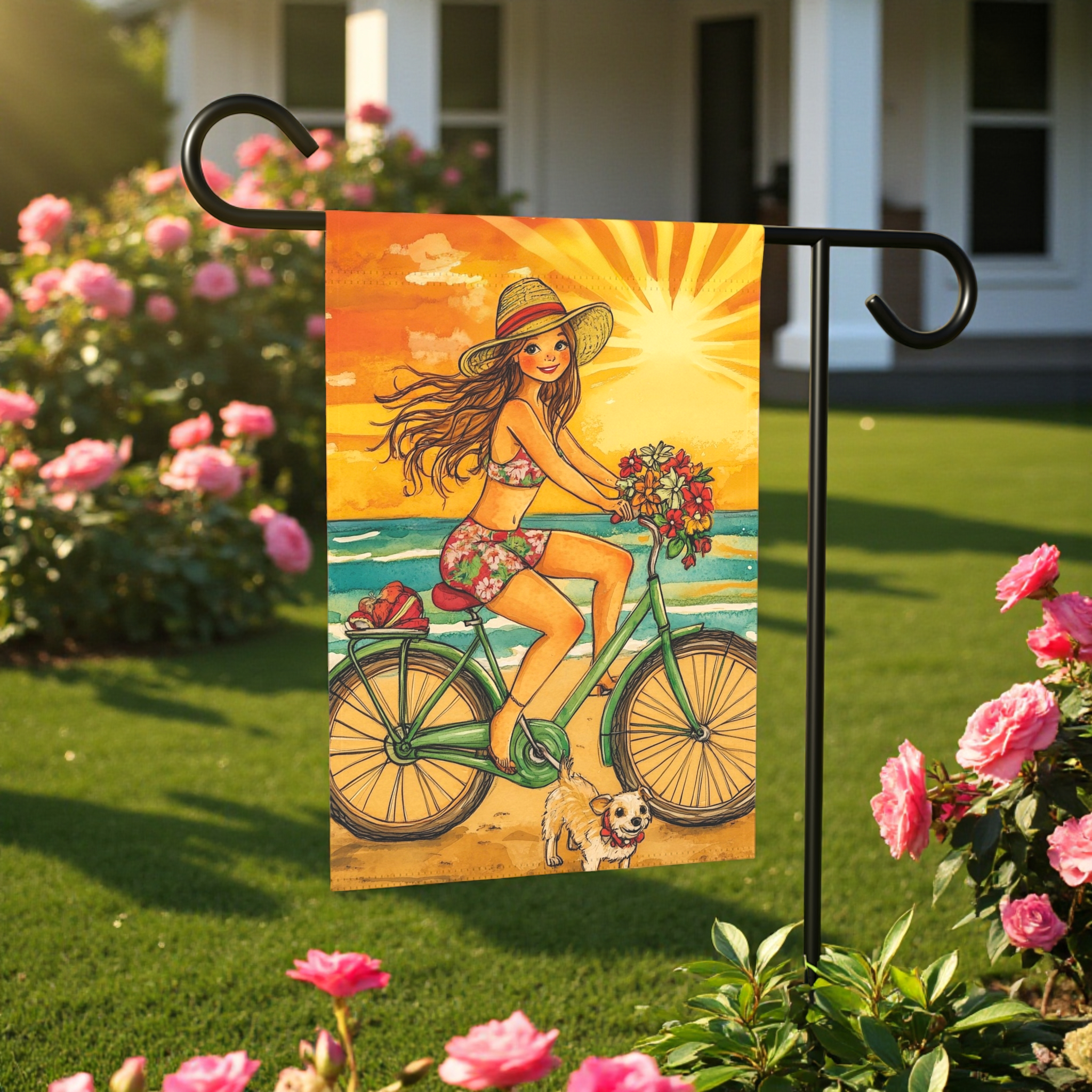 Beach Bike Ride Garden Flag - front view - Dragonfire Gardens