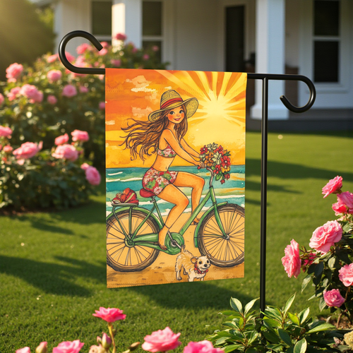 Beach Bike Ride Garden Flag - front view - Dragonfire Gardens