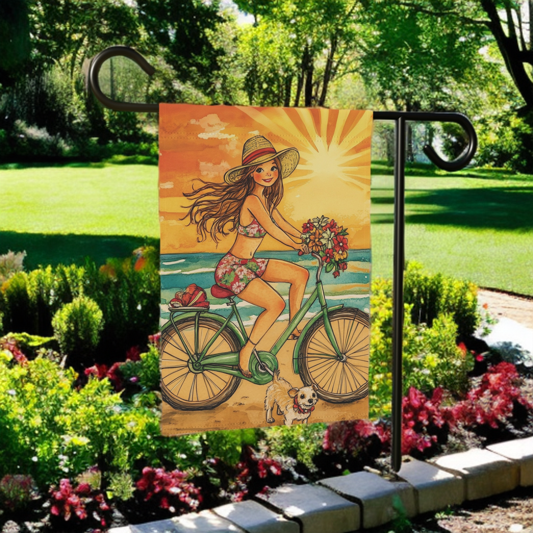 Beach Bike Ride Garden Flag - yard display - Dragonfire Gardens