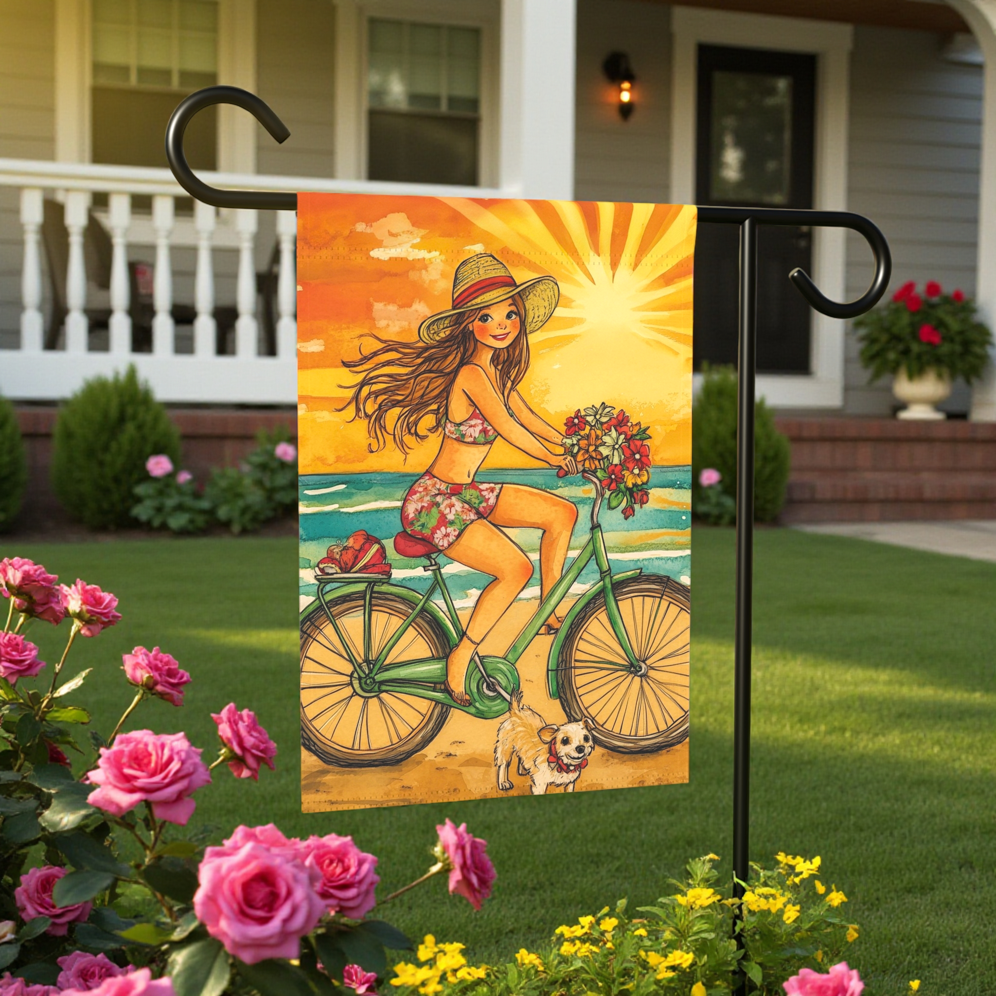 Beach Bike Ride Garden Flag - lifestyle display - Dragonfire Gardens