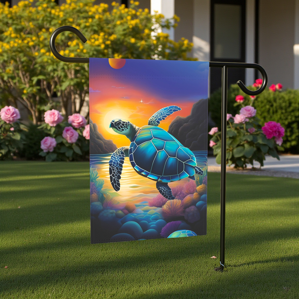 Colorful Turtle Garden Flag - lifestyle display - Dragonfire Gardens