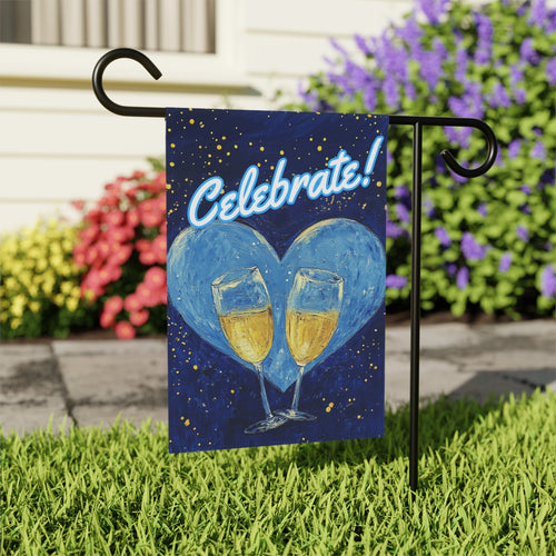 Blue Heart Champagne Celebrate Garden Flag - outdoor display - Dragonfire Gardens