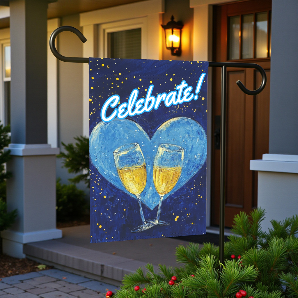 Blue Heart Champagne Celebrate Garden Flag - size comparison - Dragonfire Gardens