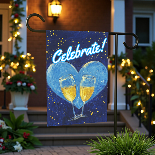 Blue Heart Champagne Celebrate Garden Flag - front view - Dragonfire Gardens