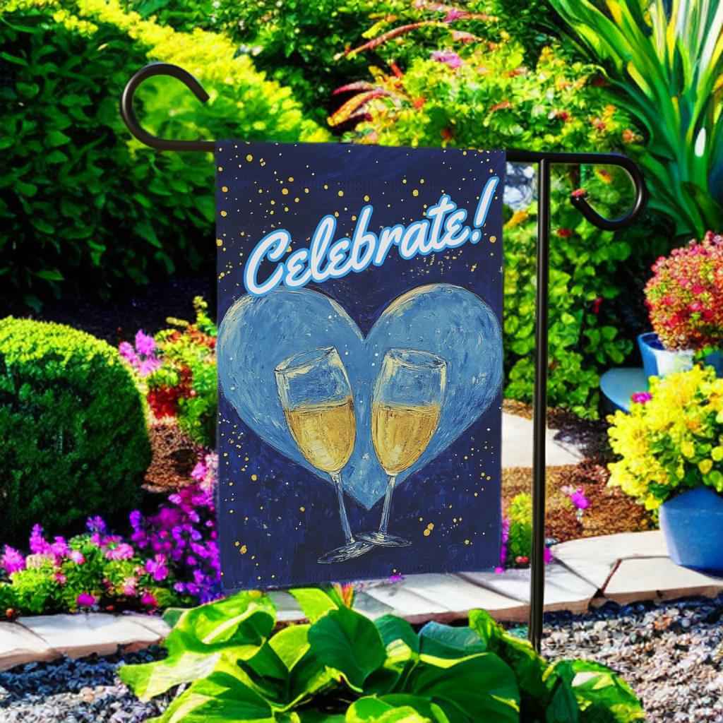 Blue Heart Champagne Celebrate Garden Flag - lifestyle display - Dragonfire Gardens