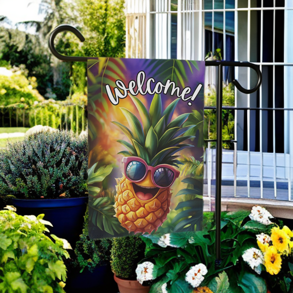 Pineapple Welcome Garden Flag - lifestyle display - Dragonfire Gardens