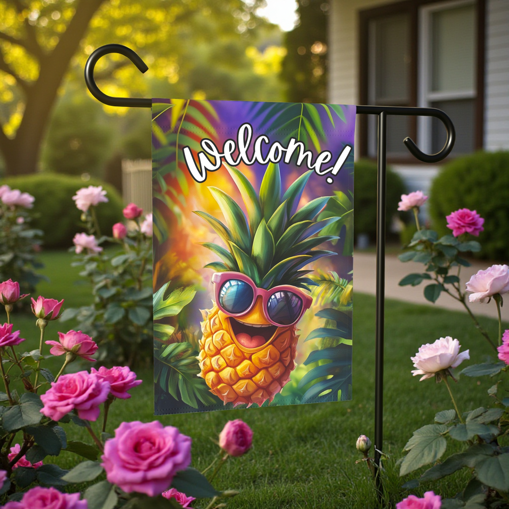 Pineapple Welcome Garden Flag - size comparison - Dragonfire Gardens