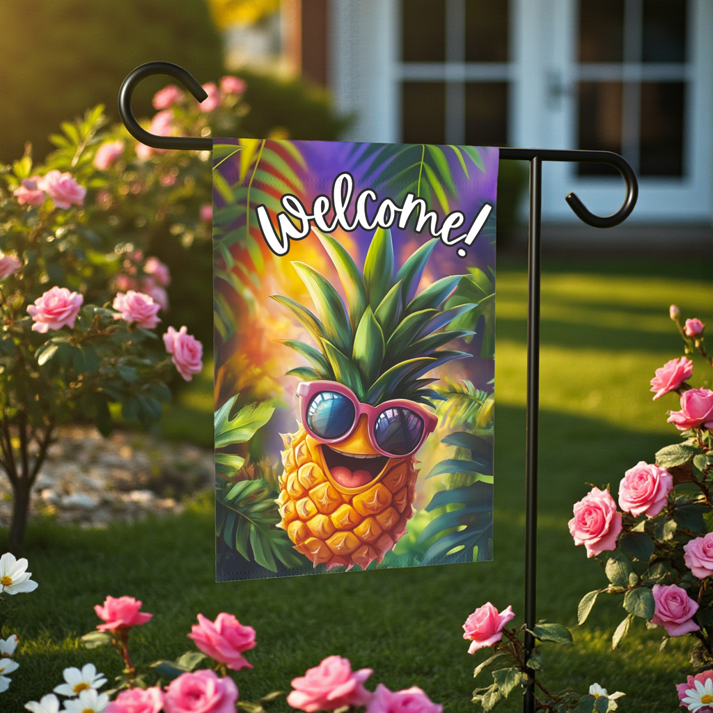Pineapple Welcome Garden Flag - front view - Dragonfire Gardens