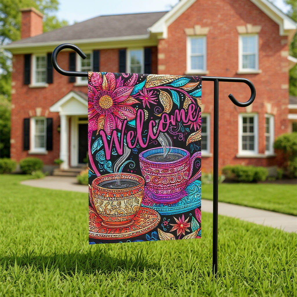 Colorful Coffee Welcome Garden Flag - double-sided design - Dragonfire Gardens