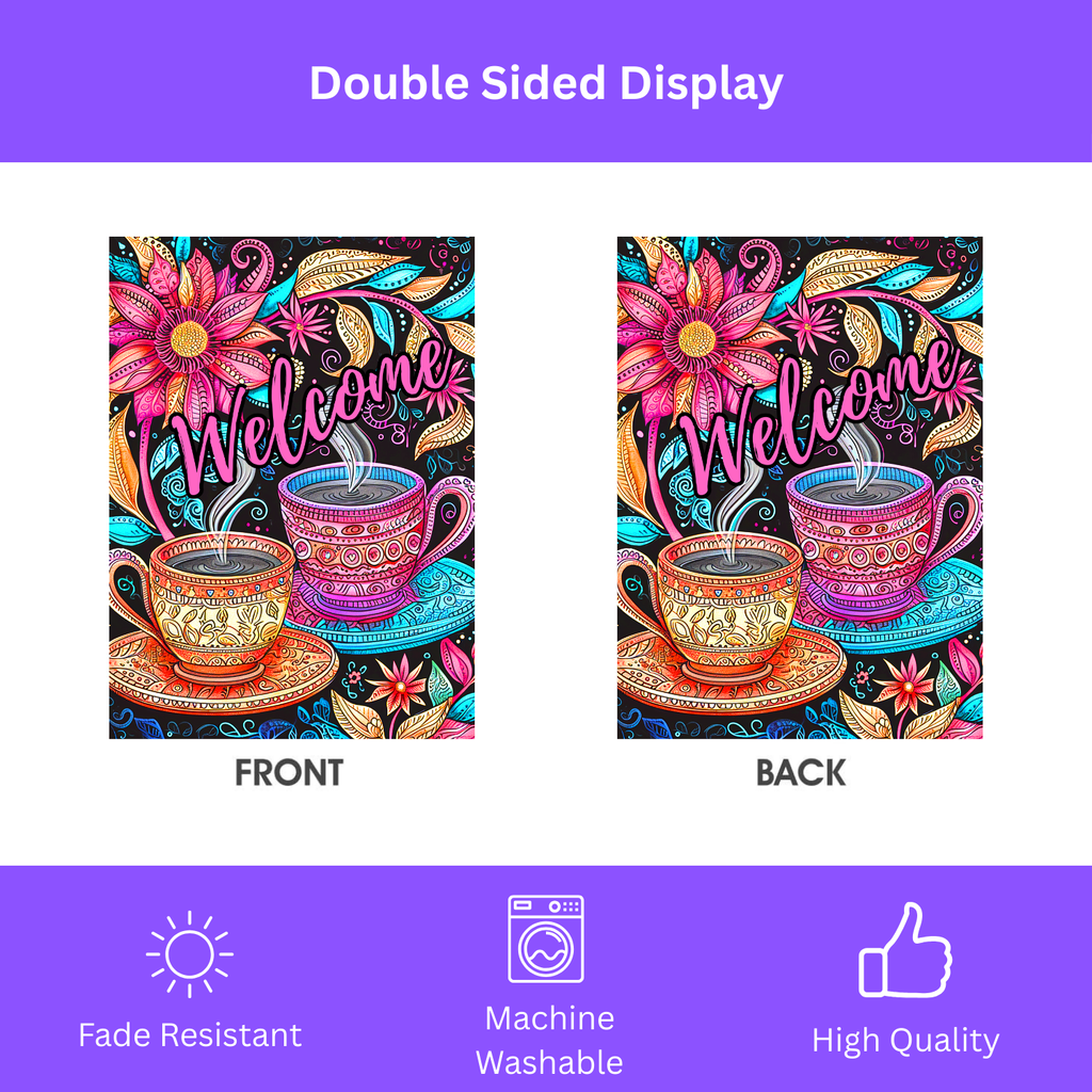 Colorful Coffee Welcome Garden Flag - yard display - Dragonfire Gardens