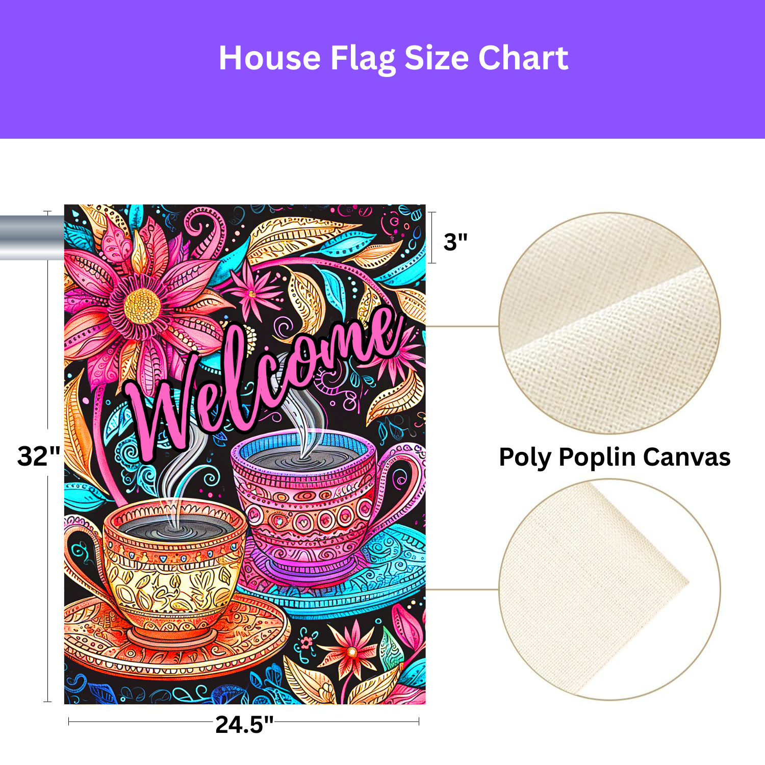 Colorful Coffee Welcome Garden Flag - lifestyle display - Dragonfire Gardens