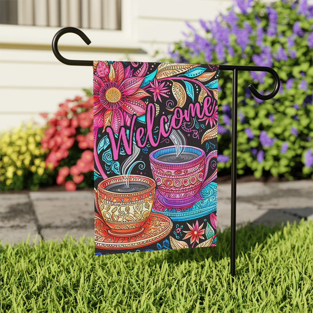 Colorful Coffee Welcome Garden Flag - outdoor display - Dragonfire Gardens