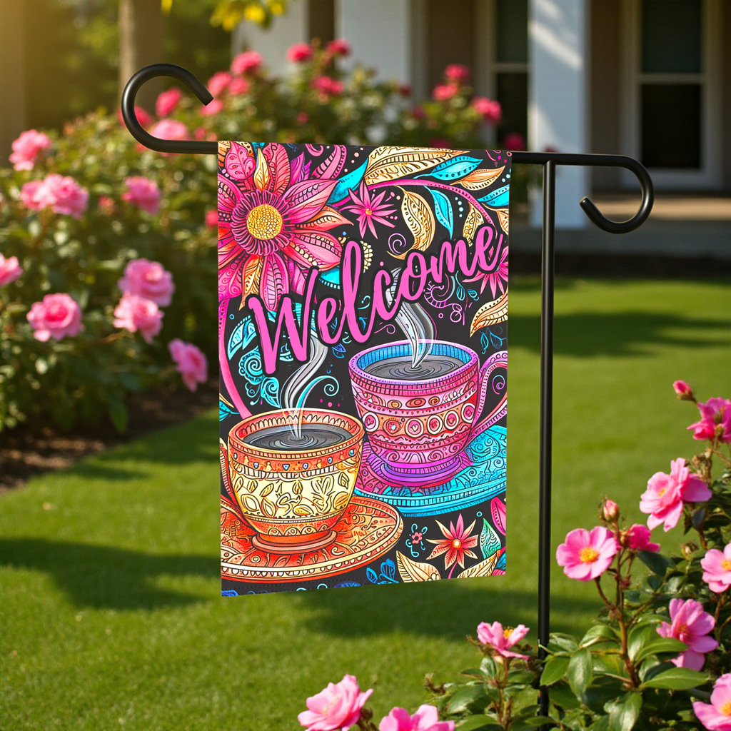 Colorful Coffee Welcome Garden Flag - front view - Dragonfire Gardens
