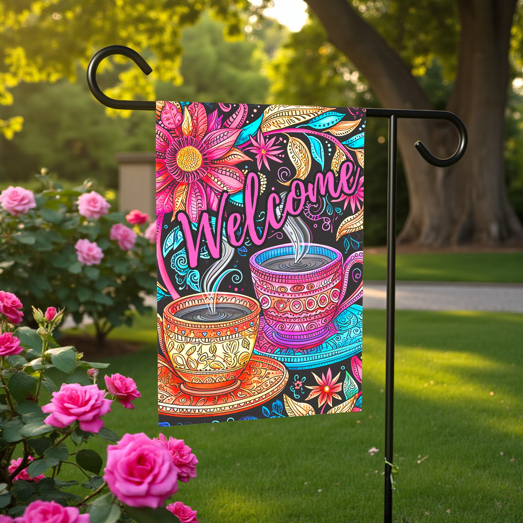 Colorful Coffee Welcome Garden Flag - porch decor - Dragonfire Gardens