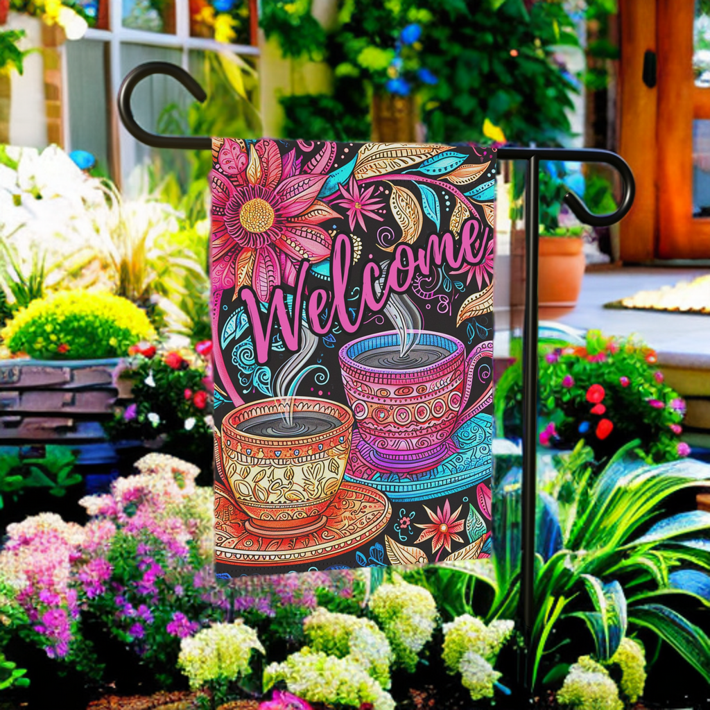 Colorful Coffee Welcome Garden Flag - product detail - Dragonfire Gardens