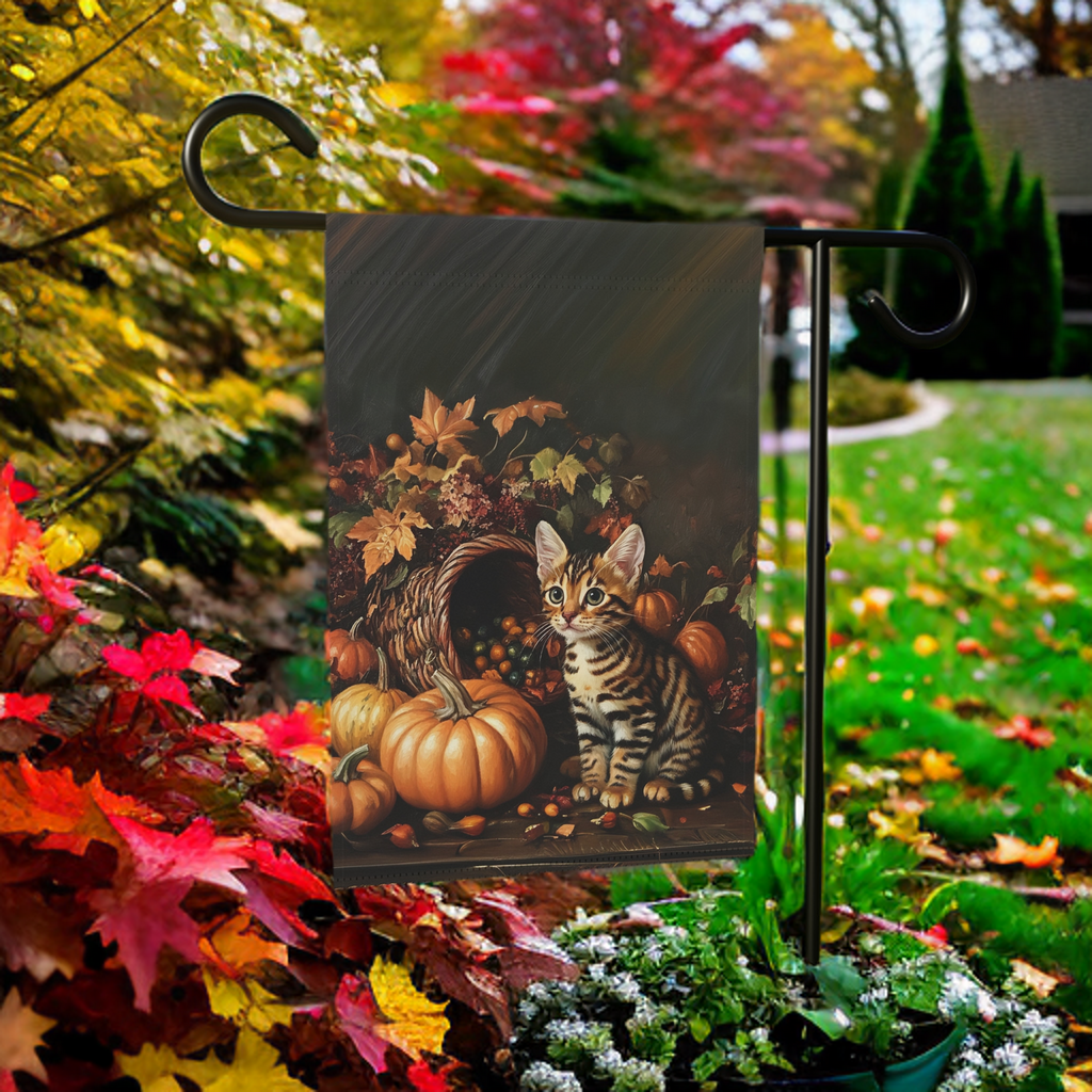 Cornucopia Striped Kitten Garden Flag - lifestyle display - Dragonfire Gardens