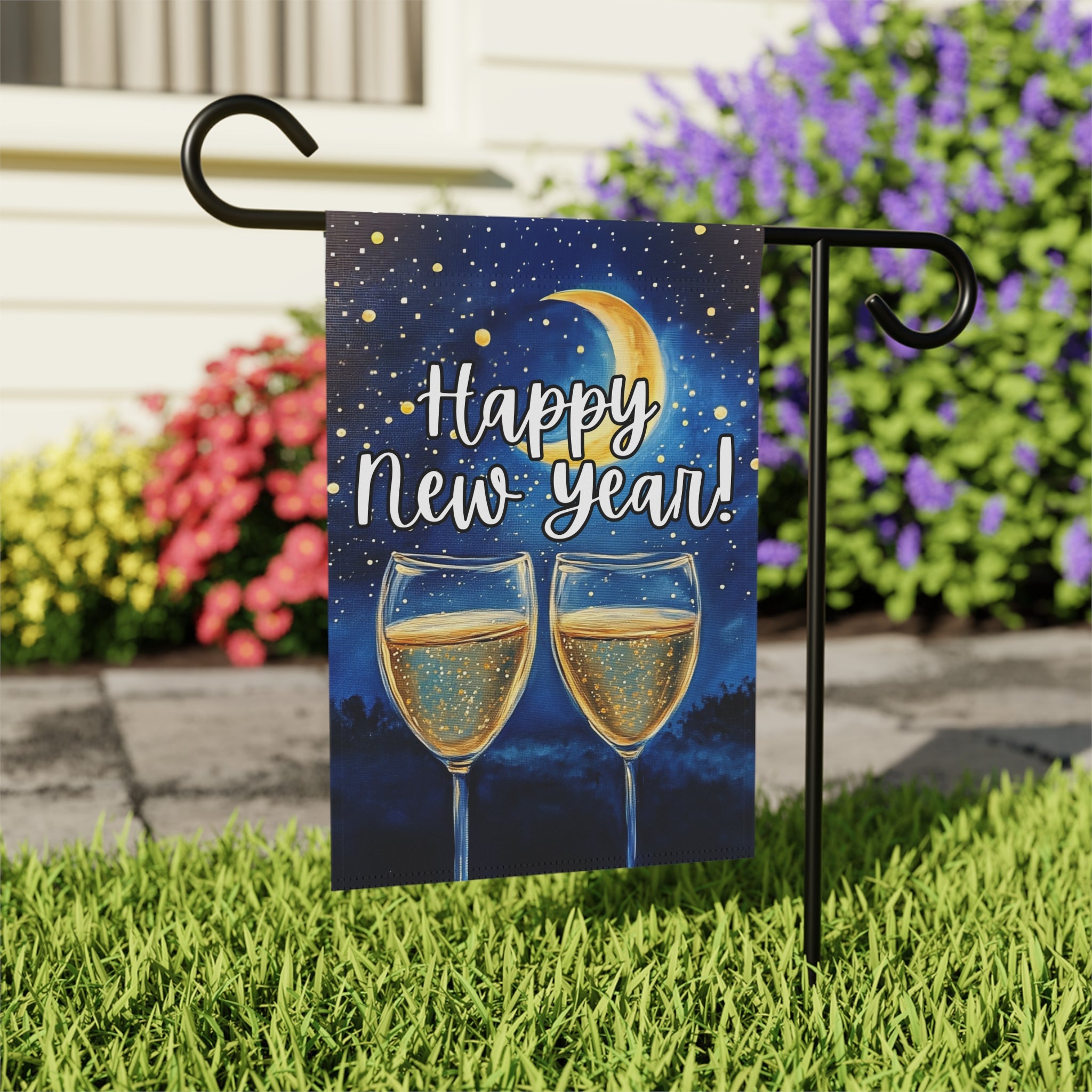 Happy New Year Celebration Garden Flag - front view - Dragonfire Gardens