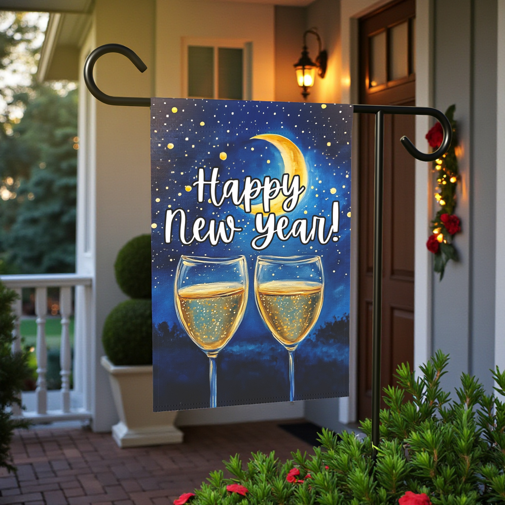 Happy New Year Celebration Garden Flag - lifestyle display - Dragonfire Gardens