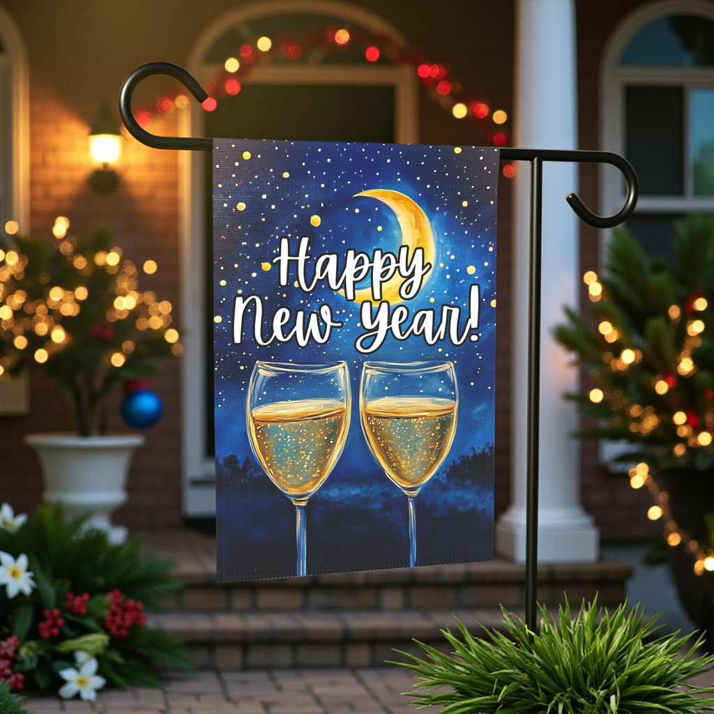 Happy New Year Celebration Garden Flag - size comparison - Dragonfire Gardens