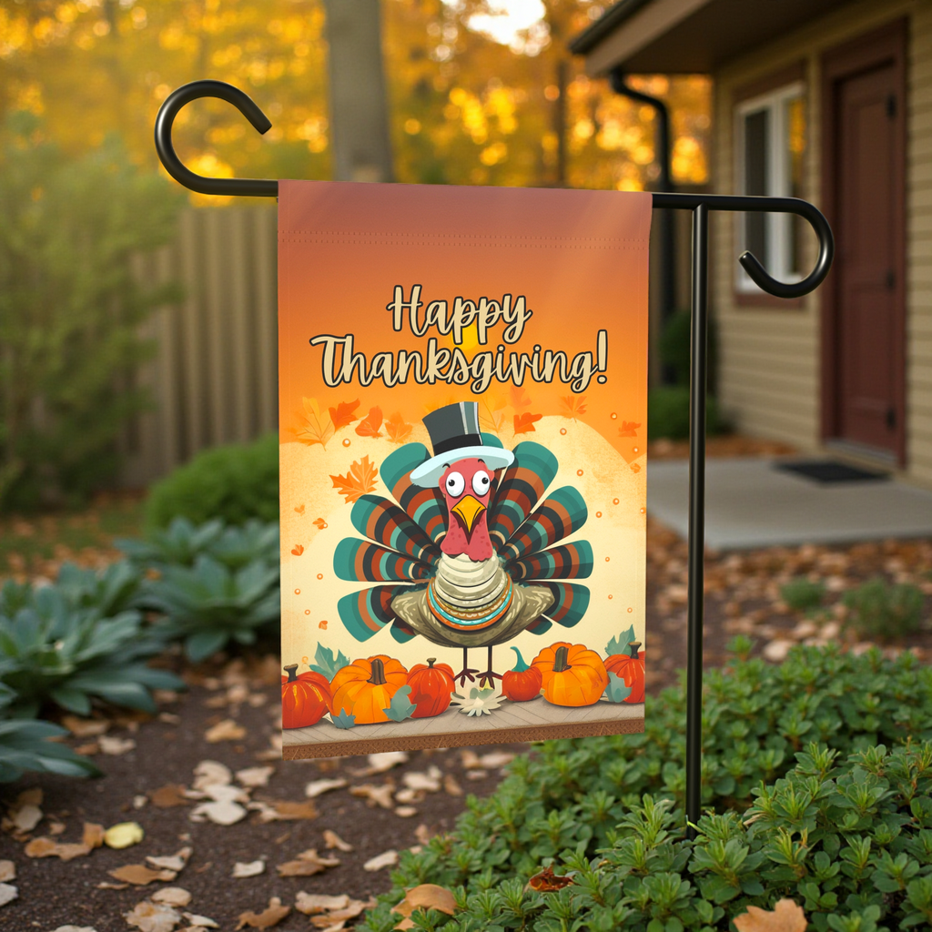 Abstract Thanksgiving Turkey Garden Flag - size comparison - Dragonfire Gardens
