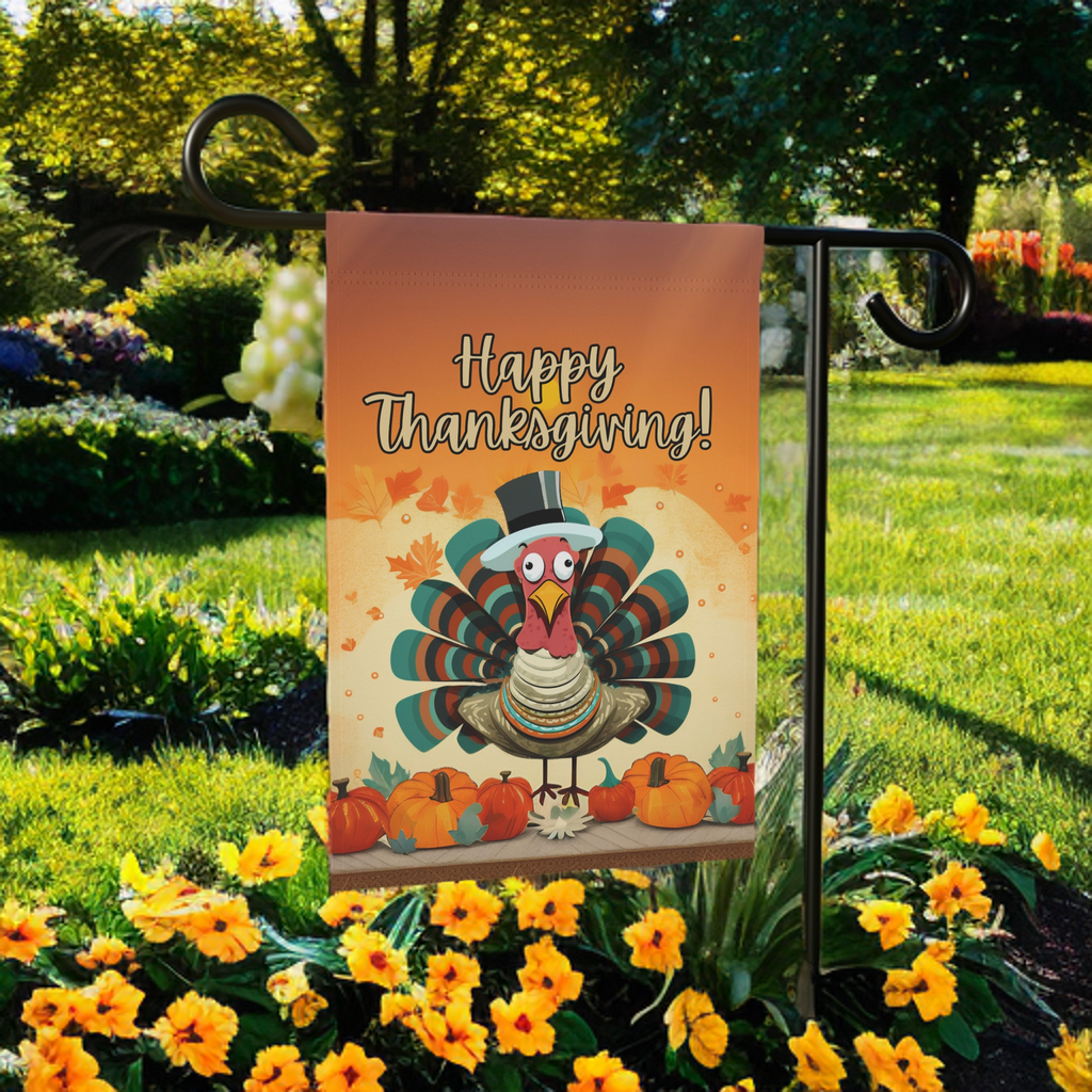 Abstract Thanksgiving Turkey Garden Flag - lifestyle display - Dragonfire Gardens