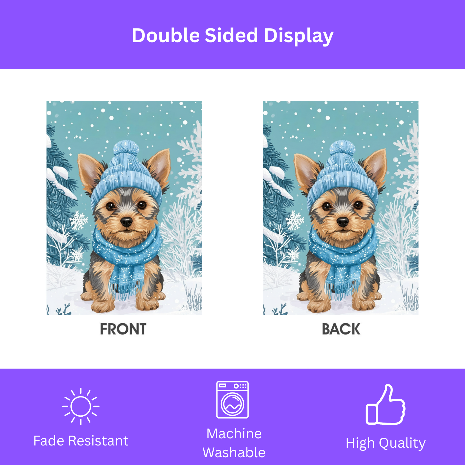 Blue Scarf Yorkie Winter Garden Flag - double-sided design - Dragonfire Gardens