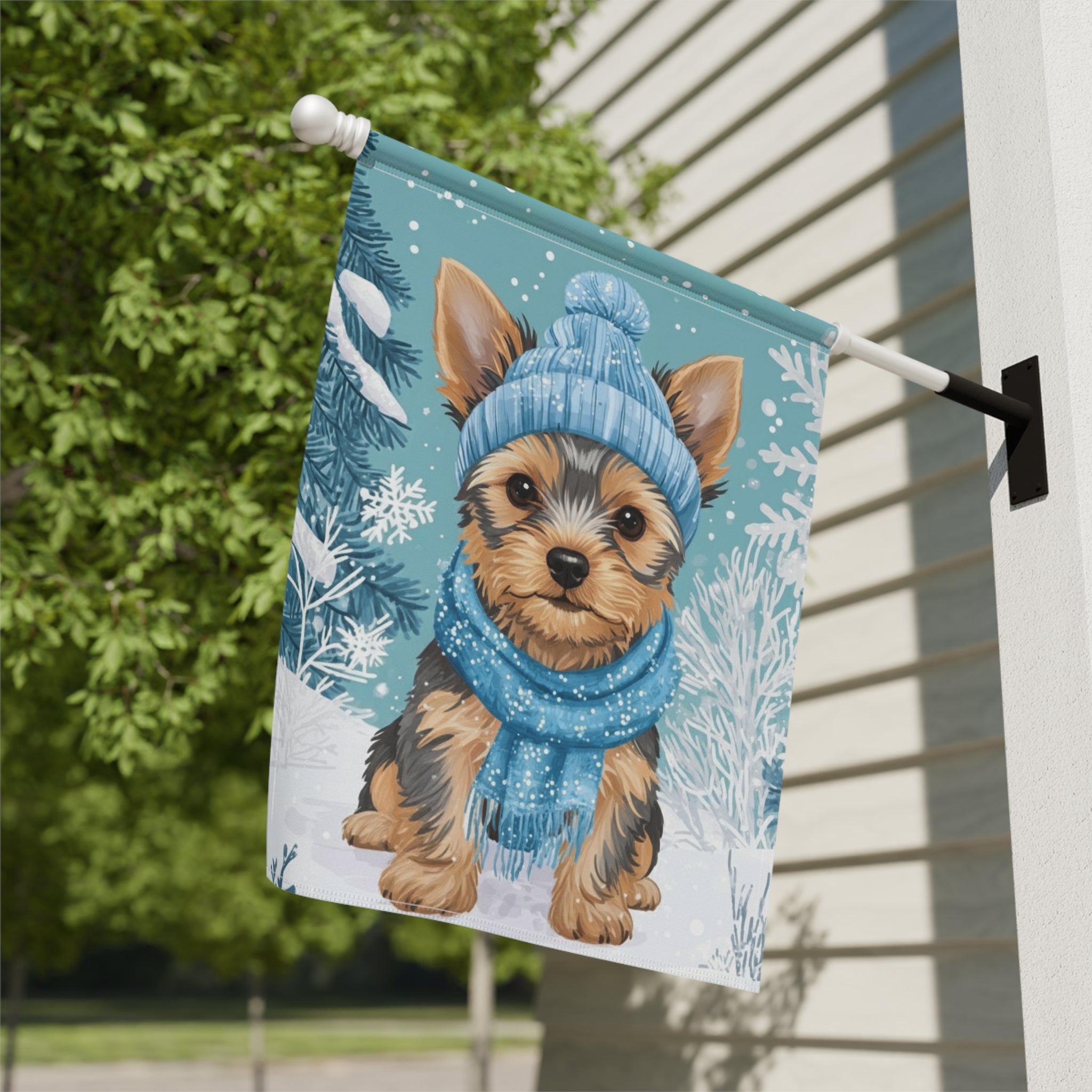 Blue Scarf Yorkie Winter Garden Flag - close-up detail - Dragonfire Gardens