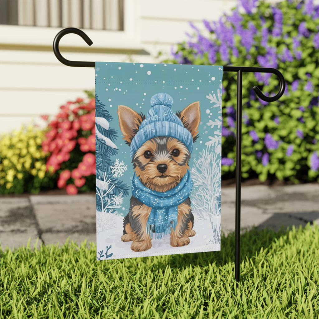 Blue Scarf Yorkie Winter Garden Flag - outdoor display - Dragonfire Gardens