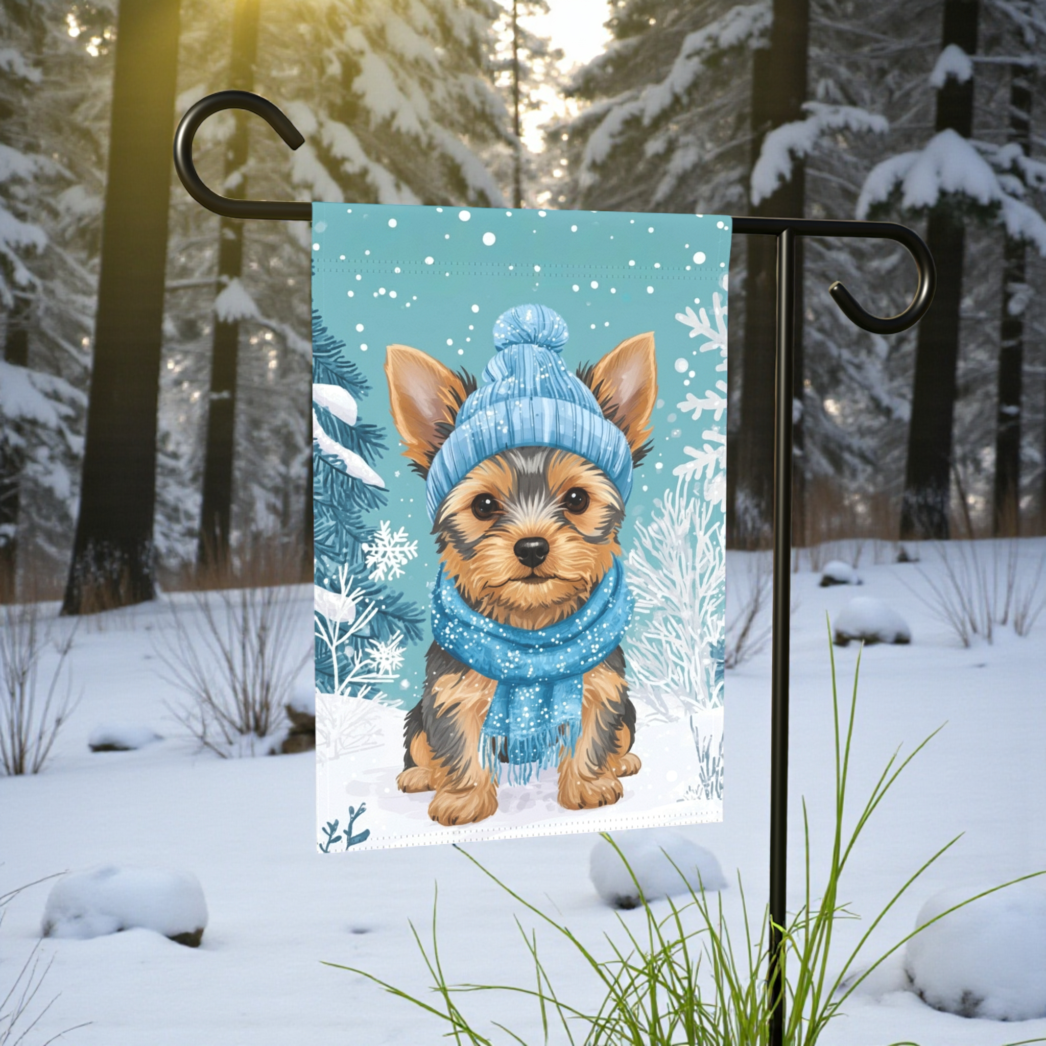 Blue Scarf Yorkie Winter Garden Flag - size comparison - Dragonfire Gardens