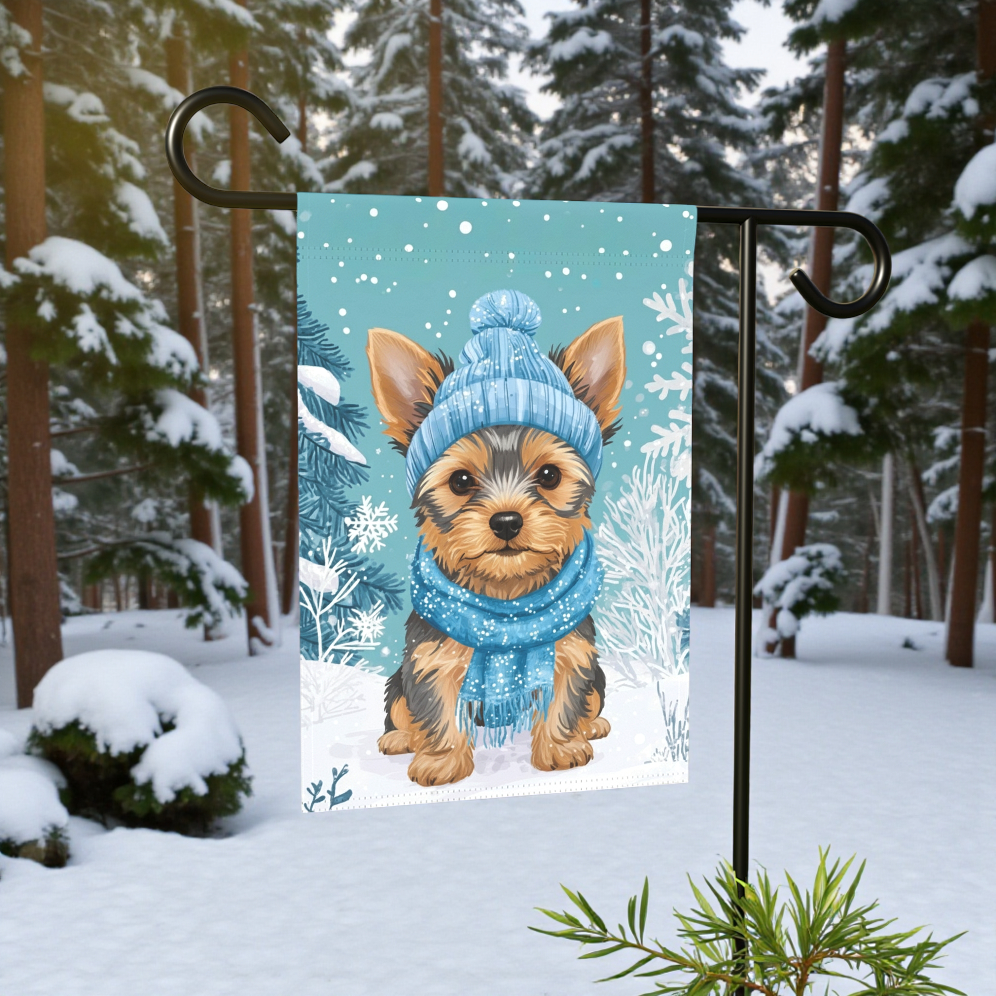 Blue Scarf Yorkie Winter Garden Flag - lifestyle display - Dragonfire Gardens