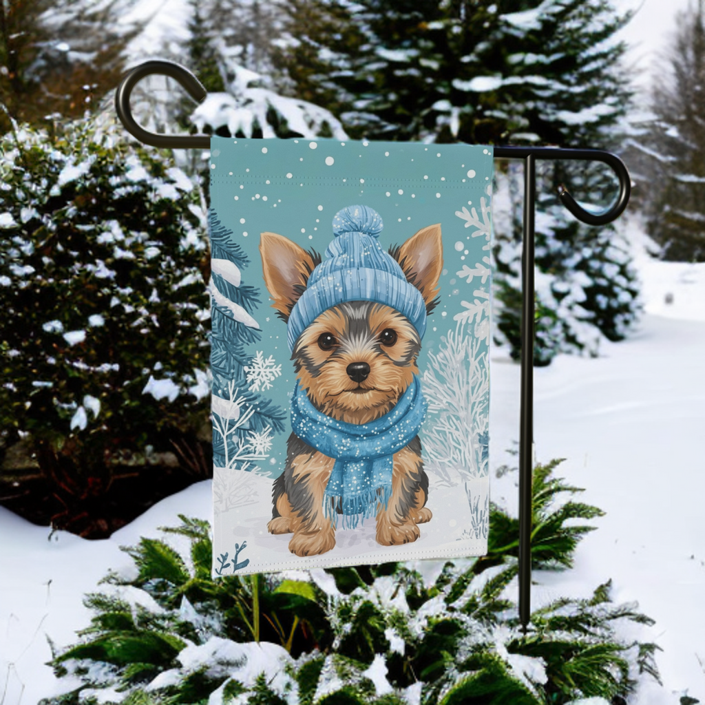 Blue Scarf Yorkie Winter Garden Flag - front view - Dragonfire Gardens