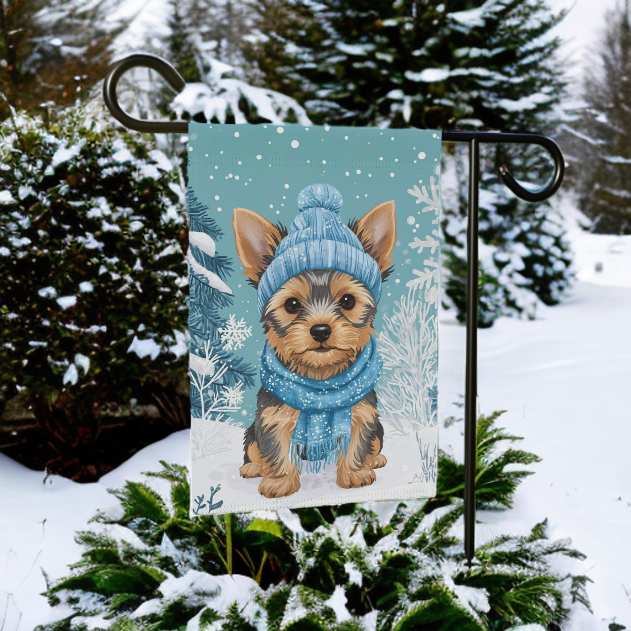 Blue Scarf Yorkie Winter Garden Flag - front view - Dragonfire Gardens