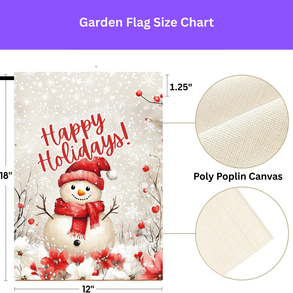 Happy Holidays Snowman Garden Flag - double-sided design - Dragonfire Gardens
